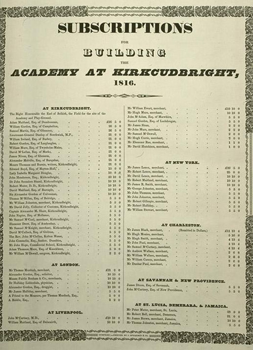 Photograph of printed subscription list for Kirkcudbright Academy, 1816.