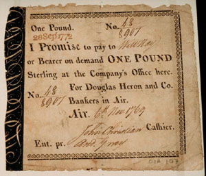 Photograph of bank note from Ayr, 1769. 