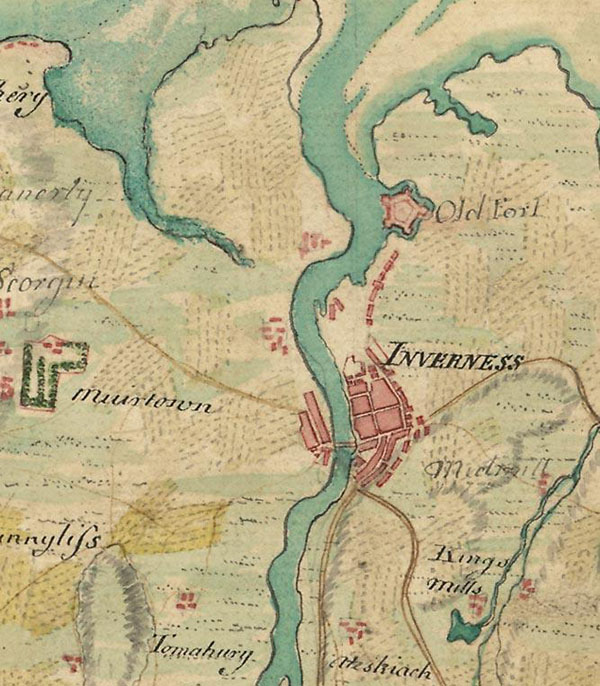 Detail from Roy Map, showing Inverness and its immediate hinterland, c.1750.