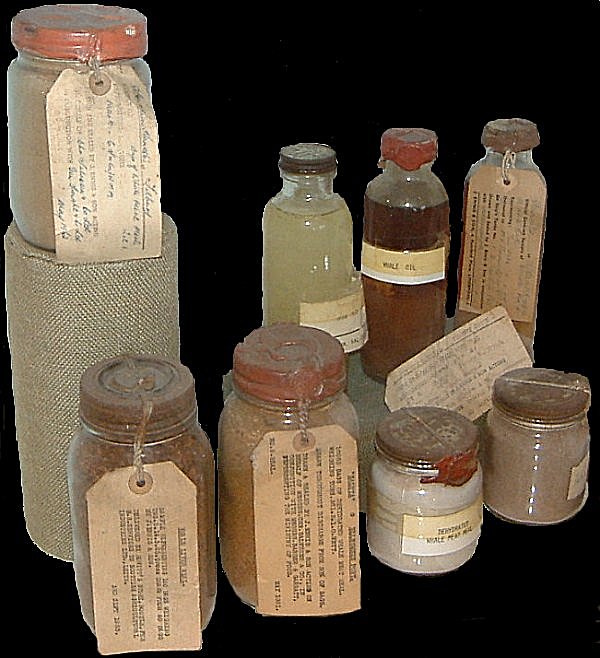 Bottles of whale oil and whale meat