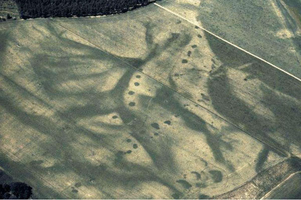 Aerial photograph of quarry pits assicoated with Roman roads.