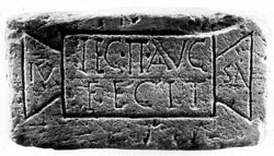 B/w photograph of inscribed stone from Cramond.
