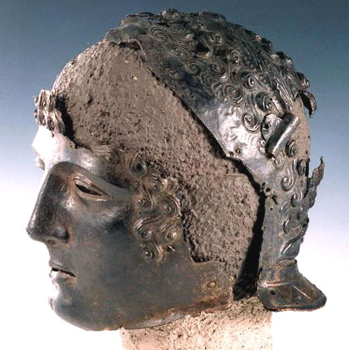 Photograph of ceremonial helmet found at Newstead.