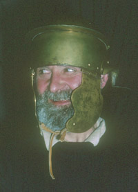 Photograph of a replica Roman helmet.