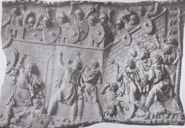 B/w phootograph of  Roman soldiers defending their fort, from Trajan's Column.