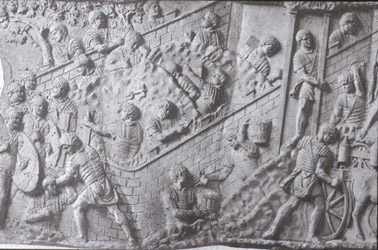 B/w photograph of legionaries building a fort, from Trajan's Column.