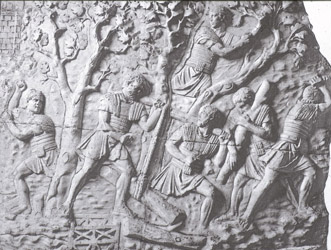 B/w photograph of Rman soldiers felling timber, from Trajan's Column.