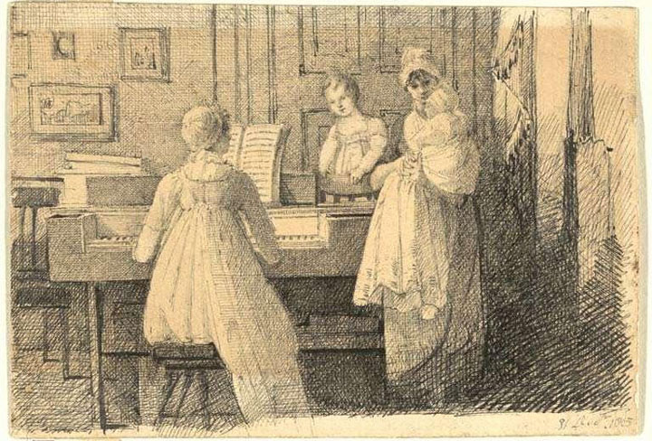 Drawing of a family scene with a piano being played.