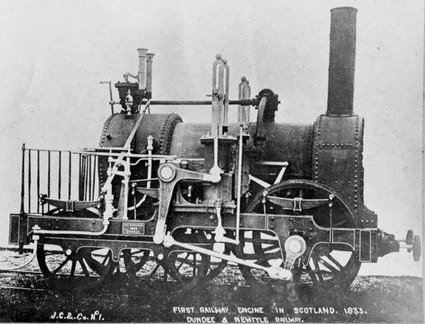 Photograph of first railway engine in Scotland.