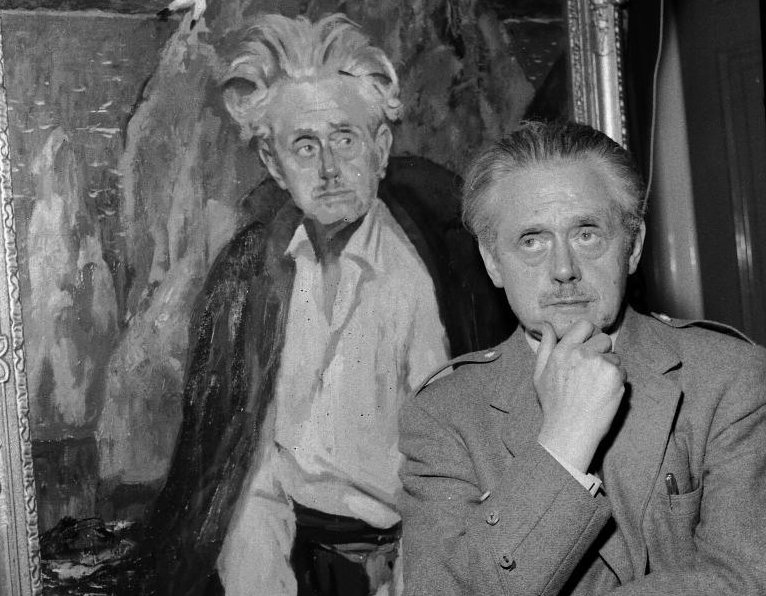 Hugh MacDiarmid sitting by his portrait painted by Robert Heriot Westwater