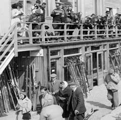 Skiers enjoying a drink on the old White Lady